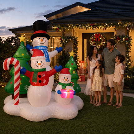 216cm LED Lights Christmas Inflatable Snowman Family with Trees Candy Cane Blow Up Xmas Decor