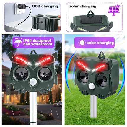 Solar Powered Ultrasonic Bird Repeller Outdoor Animal Deterrent Garden Device