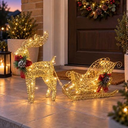 Solar Christmas Reindeer Sleigh LED Lights Outdoor Garden Xmas Yard Decoration