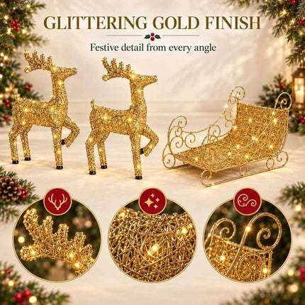 Set of 3 Christmas Decoration Reindeer and Sleigh LED Lighted Yard Garden Xmas