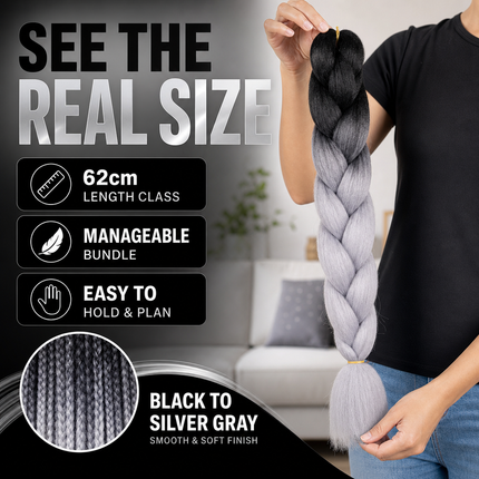 Synthetic Braiding Hair 62cm Black Silver Grey for Braid Styles