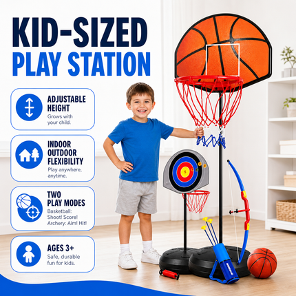 Kids Basketball Hoop Archery Set Adjustable Height Indoor Outdoor Toy