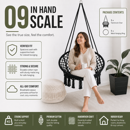 Hammock Chair Black Cotton Macrame Indoor Outdoor Hanging Seat