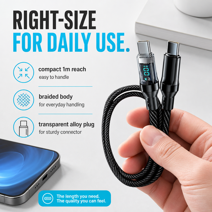 USB C to USB C Charging Cable Braided 100W 1m with Display