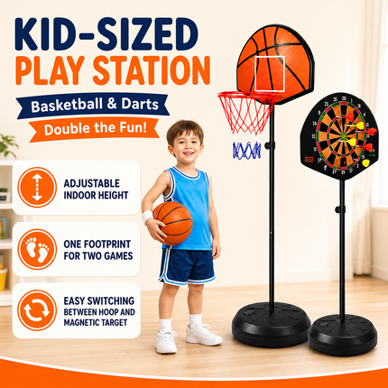 Kids Basketball Hoop Magnetic Dart Board Adjustable Height Indoor Play Set
