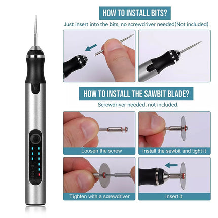 Set Electric Engraving Pen Cordless Carving Pen USB Micro Engraver with 37 Bits