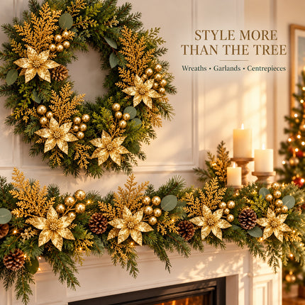 6Pcs Christmas Tree Branch Picks Artificial Poinsettia Floral Spray Xmas Wreath Gold