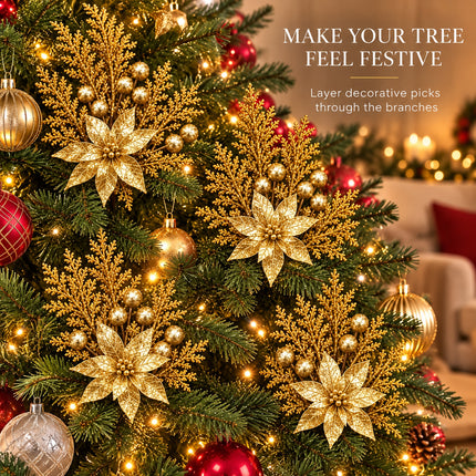 6Pcs Christmas Tree Branch Picks Artificial Poinsettia Floral Spray Xmas Wreath Gold