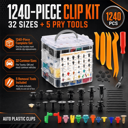 1240Pcs Car Push Retainer Clips & Auto Fasteners Plastic Assortment Kit Pry Bar