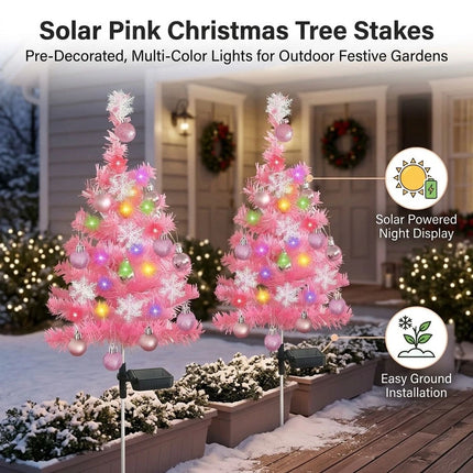 2PCS Pink Solar Christmas Tree Lights, Waterproof Solar Christmas Outdoor