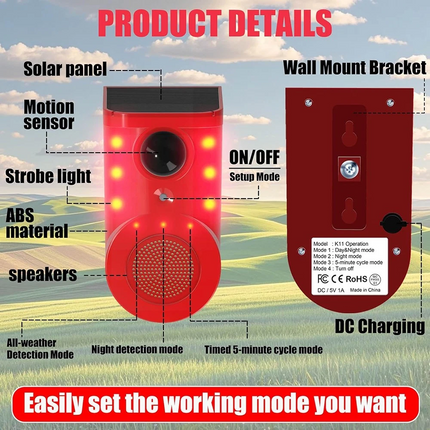 Solar Alarm LED Light Solar Strobe Light Wireless Motion Sensor Detector Outdoor