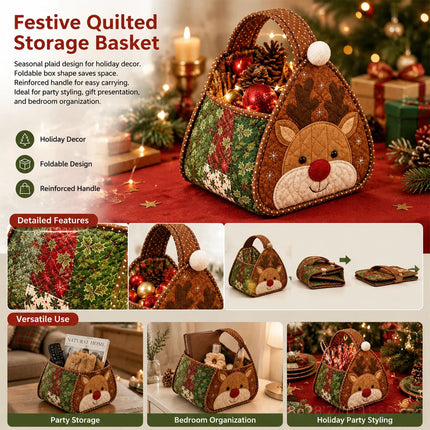Christmas Elk DIY Quilted Fabric Christmas Handheld Basket Storage Basket for Gifts Candies AU