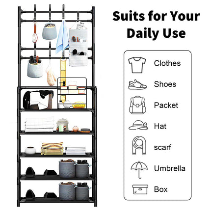 Shoe Rack Storage Cabinet Coat Hat Stand Metal Shelves 16 Pairs Black