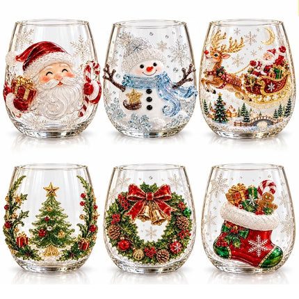 2D Christmas Glass Art Cup, Santa Snowman Reindeer Drinking Glasses Wine Glasses