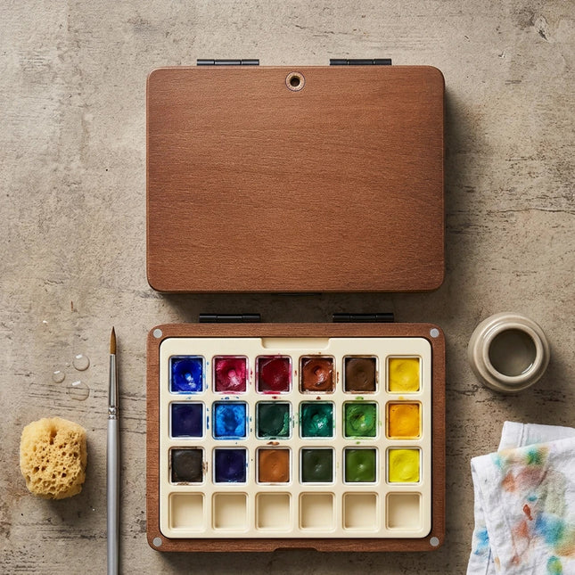 Wooden Portable Watercolor Palette Set 24 Grids Wooden Palette Box for Painting