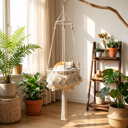 Macrame Hand Woven Hanging Pet Cat Hammock Swing Bed Nest Boho Hanging Basket
