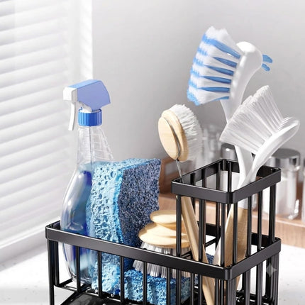 Black Metal Kitchen Sink Sponge Organizer Rack with Brush Holder