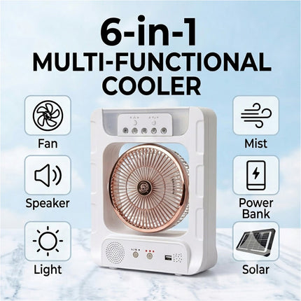 Portable Solar Air Cooler Fan with Humidifier Bluetooth Speaker and Camping Light