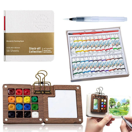 Pocket Artist Watercolor Travel Set Mini Portable Wooden Paint Palette Kits NEW