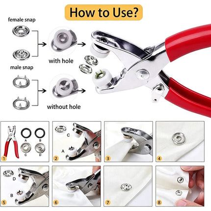 200PCS/Set Snaps Fasteners Sewing Buttons Metal Press Studs Tools Kit Plier Snap