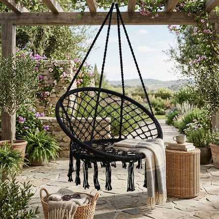 Black Hammock Chair Macrame Cotton Swing Bed Relax Indoor Outdoor Hanging Garden
