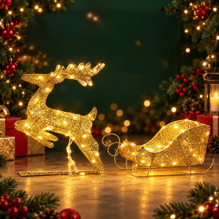Light Up Christmas Reindeer Sleigh Solar Plug In LED Indoor Outdoor Decoration