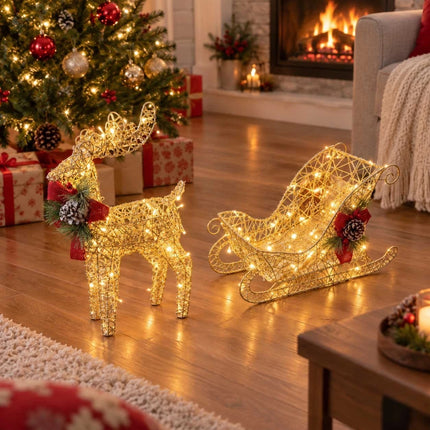 Solar Christmas Reindeer Sleigh LED Lights Outdoor Garden Xmas Yard Decoration