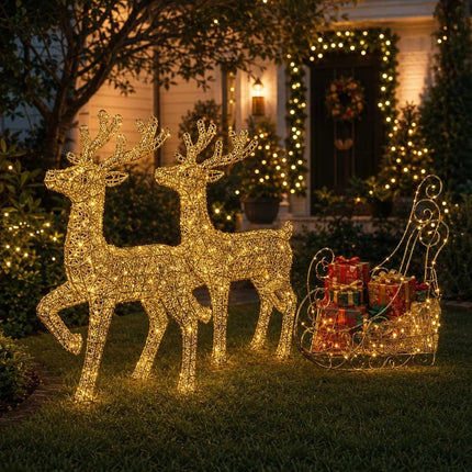 Set of 3 Christmas Decoration Reindeer and Sleigh LED Lighted Yard Garden Xmas