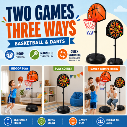 Kids Basketball Hoop Magnetic Dart Board Adjustable Height Indoor Play Set