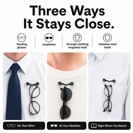 Eyeglasses Holder Magnetic 3 Piece Set for Shirts and Sunglasses