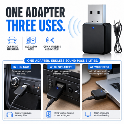 Bluetooth Audio Adapter USB 2 in 1 TX RX for Car Stereo AUX