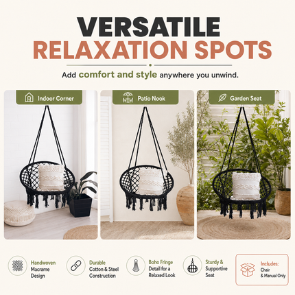 Hammock Chair Black Cotton Macrame Indoor Outdoor Hanging Seat