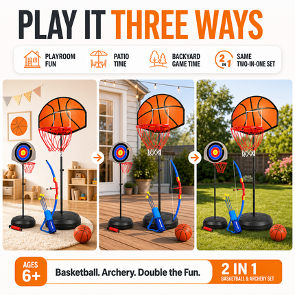 Kids Basketball Hoop Archery Set Adjustable Height Indoor Outdoor Toy