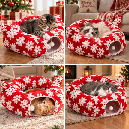 Cat Tunnel Bed Red Donut Rest Cave 90 cm Foldable Fabric Cotton Filled Channel