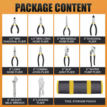 10Pcs Hand Tool Set Pliers Set w/ Storage Pouch for Home Maintenance