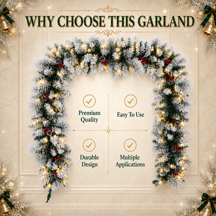270cm Lush Snow Flocked Christmas Garland Pre-Lit LED Berry Pinecone Battery