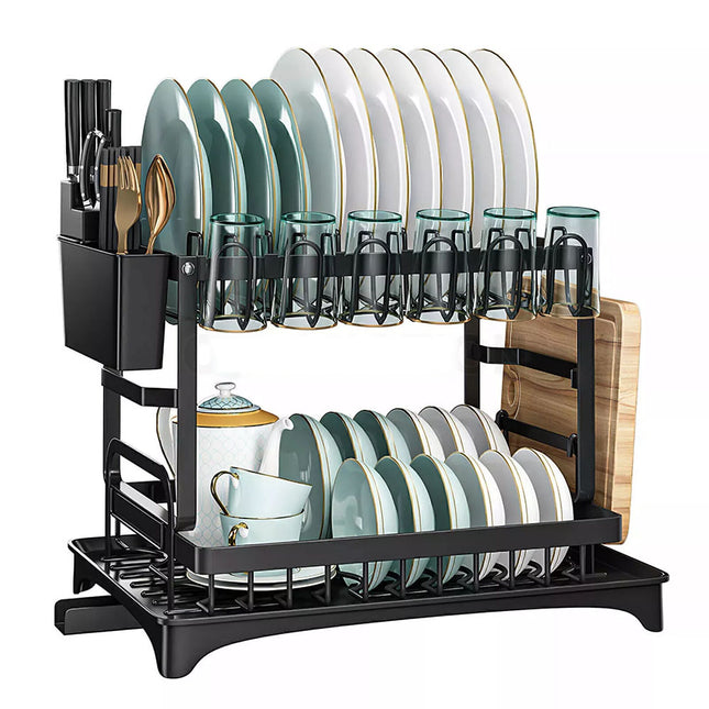 2 Tier Dish Drainer Drying Rack with Cup Holder Cutlery Tray Kitchen Organiser