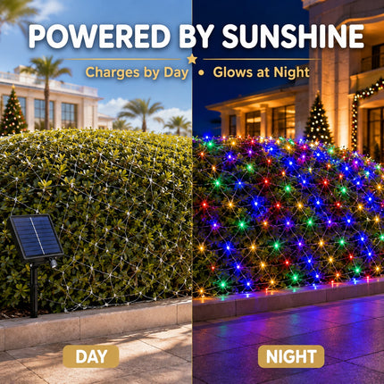 3M x 2M Solar Christmas Net Lights 240 LED Multicolour Outdoor Garden Curtain String Fairy Lights – 8 Modes