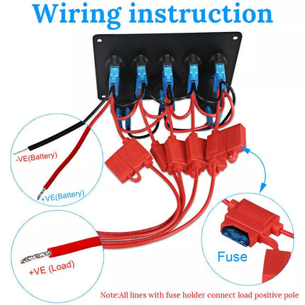 12V Switch Panel USB Charger 5 GANG ON-OFF Toggle LED Rocker for Car Boat Marine