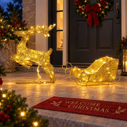Light Up Christmas Reindeer Sleigh Solar Plug In LED Indoor Outdoor Decoration