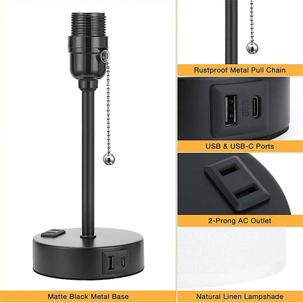 2 PACK Bedside Lamps Linen Table Light USB Port 3 Way Dimmable Pull Chain Switch Beige 2Pcs