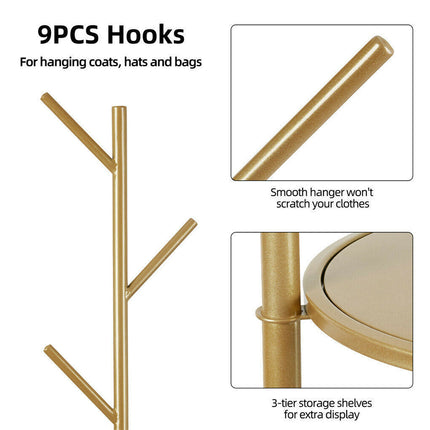 Golden Pole Tree Metal Coat Rack Stand Hooks Hanger Stable Marble Base Standing