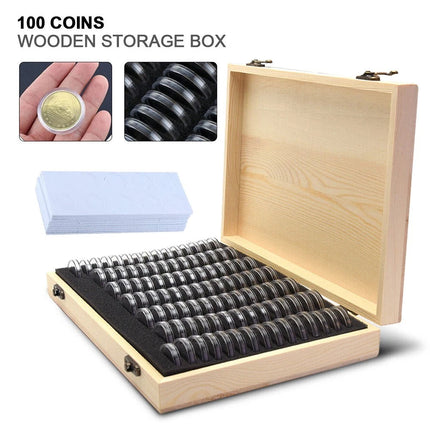 100PCS Coin Capsules Storage Box with Wooden Case Holder Collection Display Tool