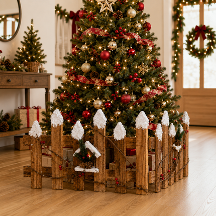 Christmas Wooden Fence Snow-Tipped Rustic Farmhouse Xmas Tree Base Village Decor