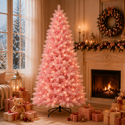 210cm 7FT Pink Snow Flocked Christmas Tree Pre-Lit 350LED Warm White Xmas Decor