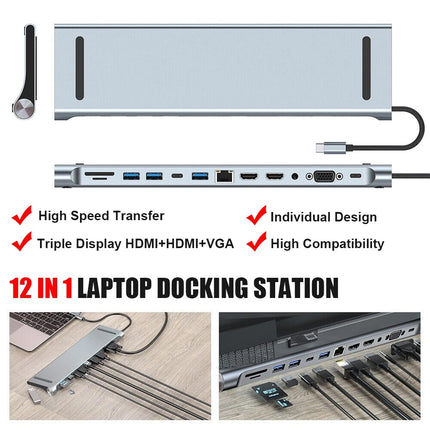 12 in 1 Laptop Docking Station Type-C Dual HDMI Adapter USB-C Triple Display