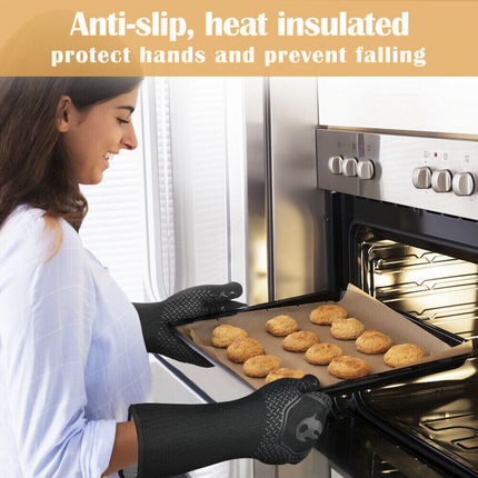 2x Heat Proof Resistant Oven BBQ Gloves 35cm Kitchen Cooking Silicone Mitt Black