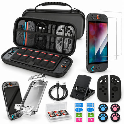 Nintendo Switch 2 Accessories Kit Carry Case Clear Protective Case Tempered Glass Stand & Grips