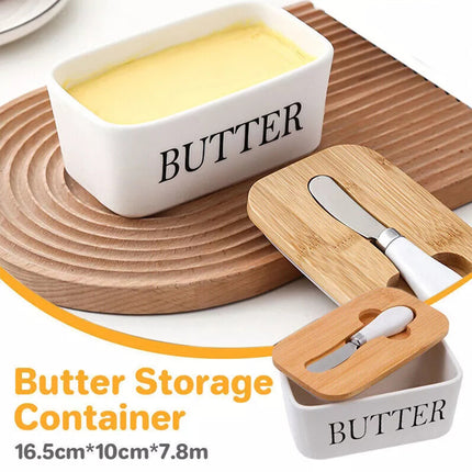 Ceramic Butter Dish Box Storage Tray Container w/ Bamboo Lid & Butter Cutter