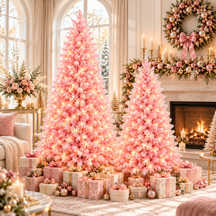 150cm Pink Snow Flocked Christmas Tree Pre-Lit  With LED Light 160 LED Warm White Xmas Decor